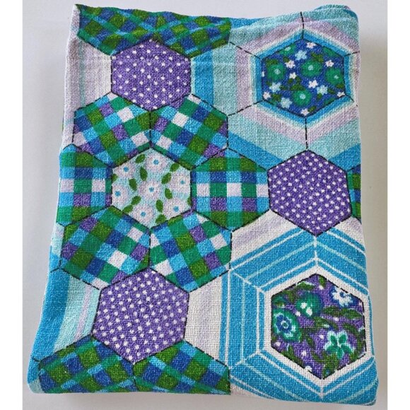 Vintage 70s curtain, blue, green purple faux patchwork, abstract floral panel - Picture 9 of 9